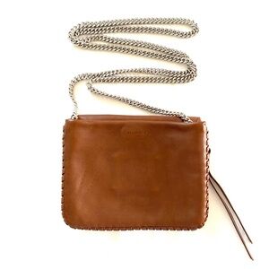 All Saints Club Mini Leather Crossbody Bag Chain Strap Chestnut Brown